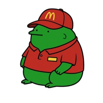 Grog working a shift in a red fast-food uniform
